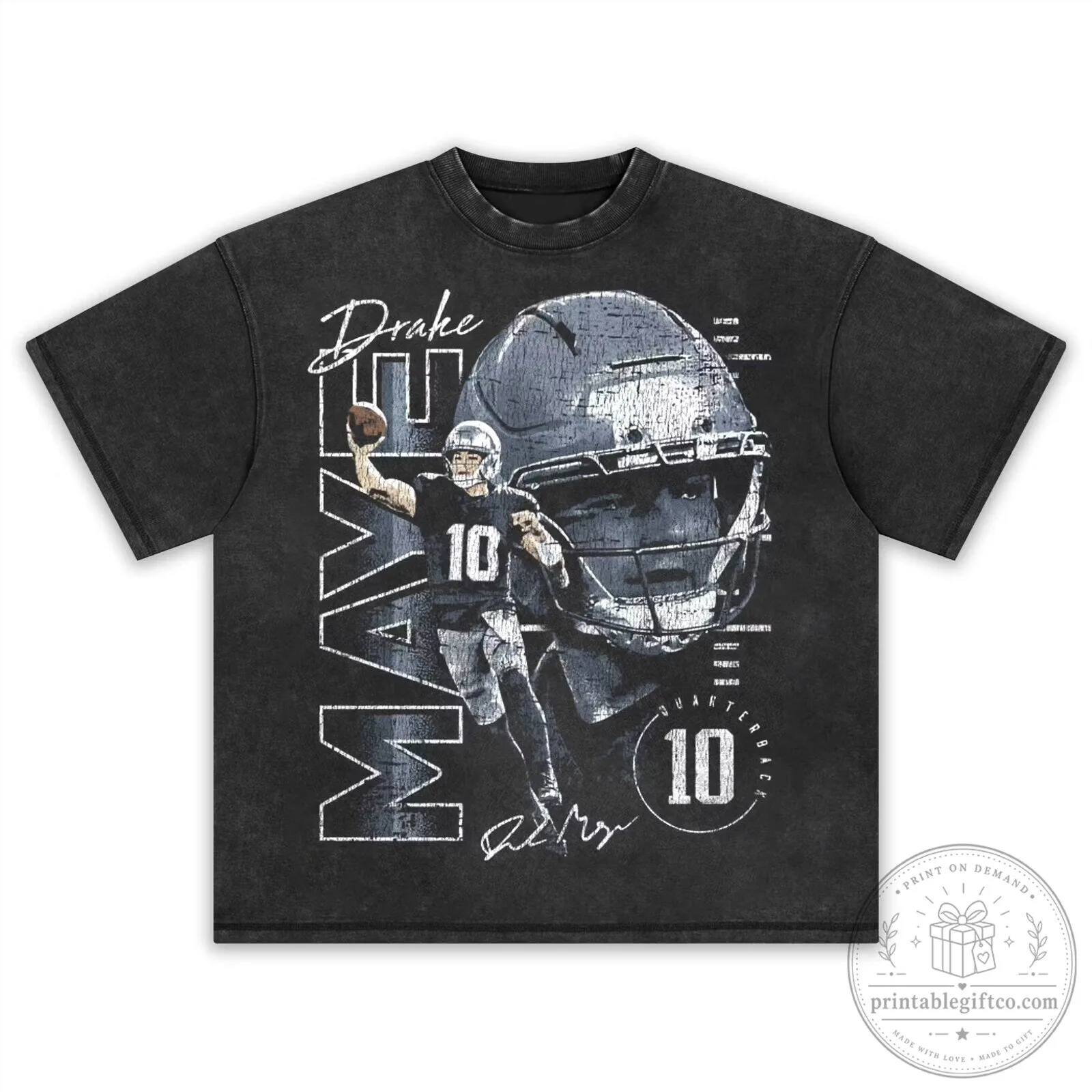 Graphic T-Shirt Featuring Quarterback Drake Maye Football Player